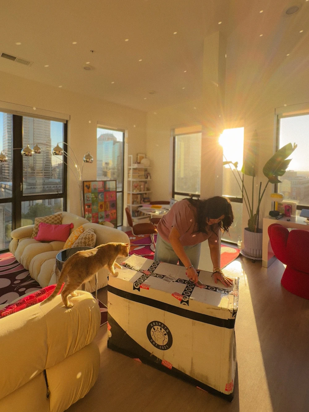 Kelly opening a box in her sunlit home